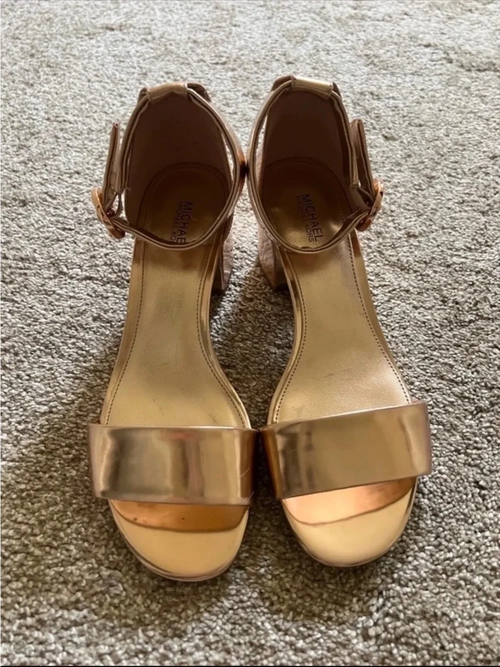 Michael Kors Rose Gold Ankle Strap Block Heel Sandals
